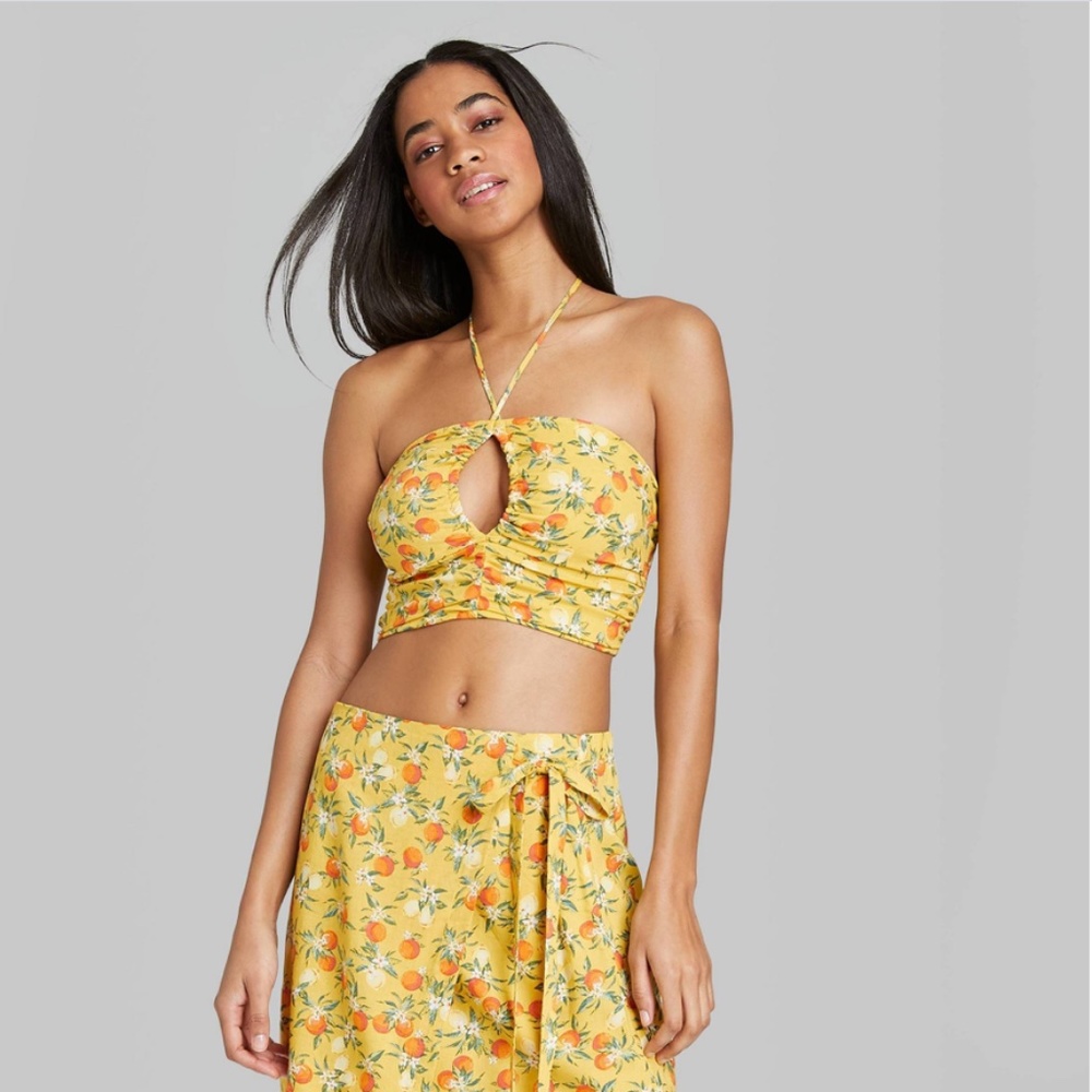 Cute Yellow Oranges Print Top and Wrap Skirt Set